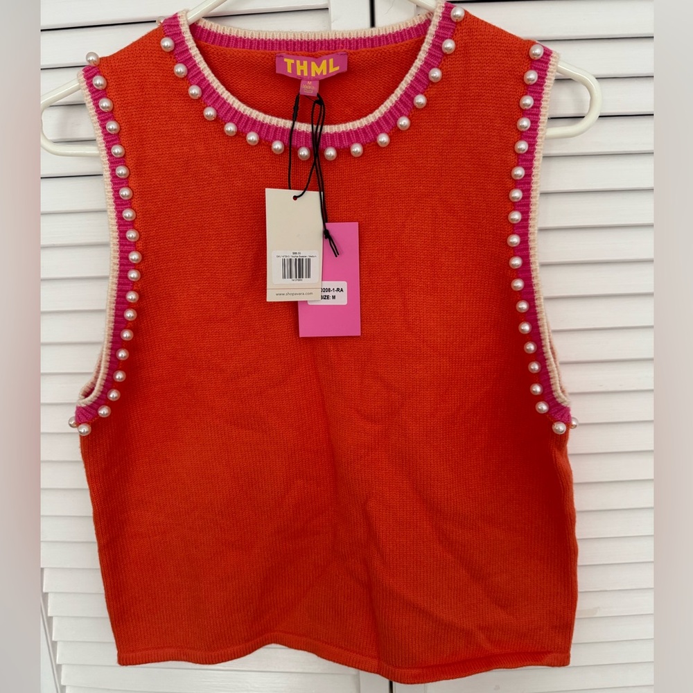 THML Orange/Pink Sleeveless knit Top with Faux Pearl Accents, Medium
